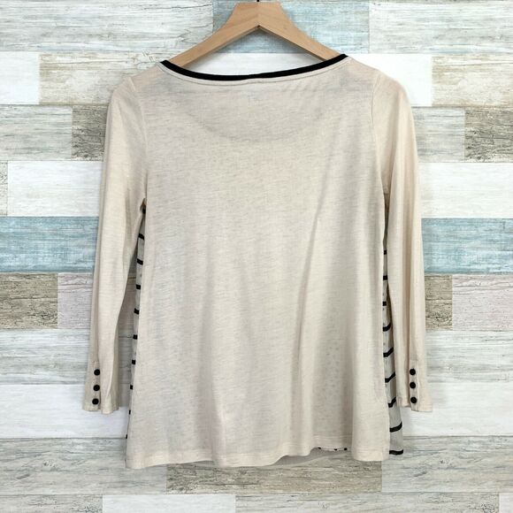 LOFT Crinkle Chiffon Striped Polka Dot Tee Beige Black 3/4 Sleeve Womens Size XS - Picture 3 of 7